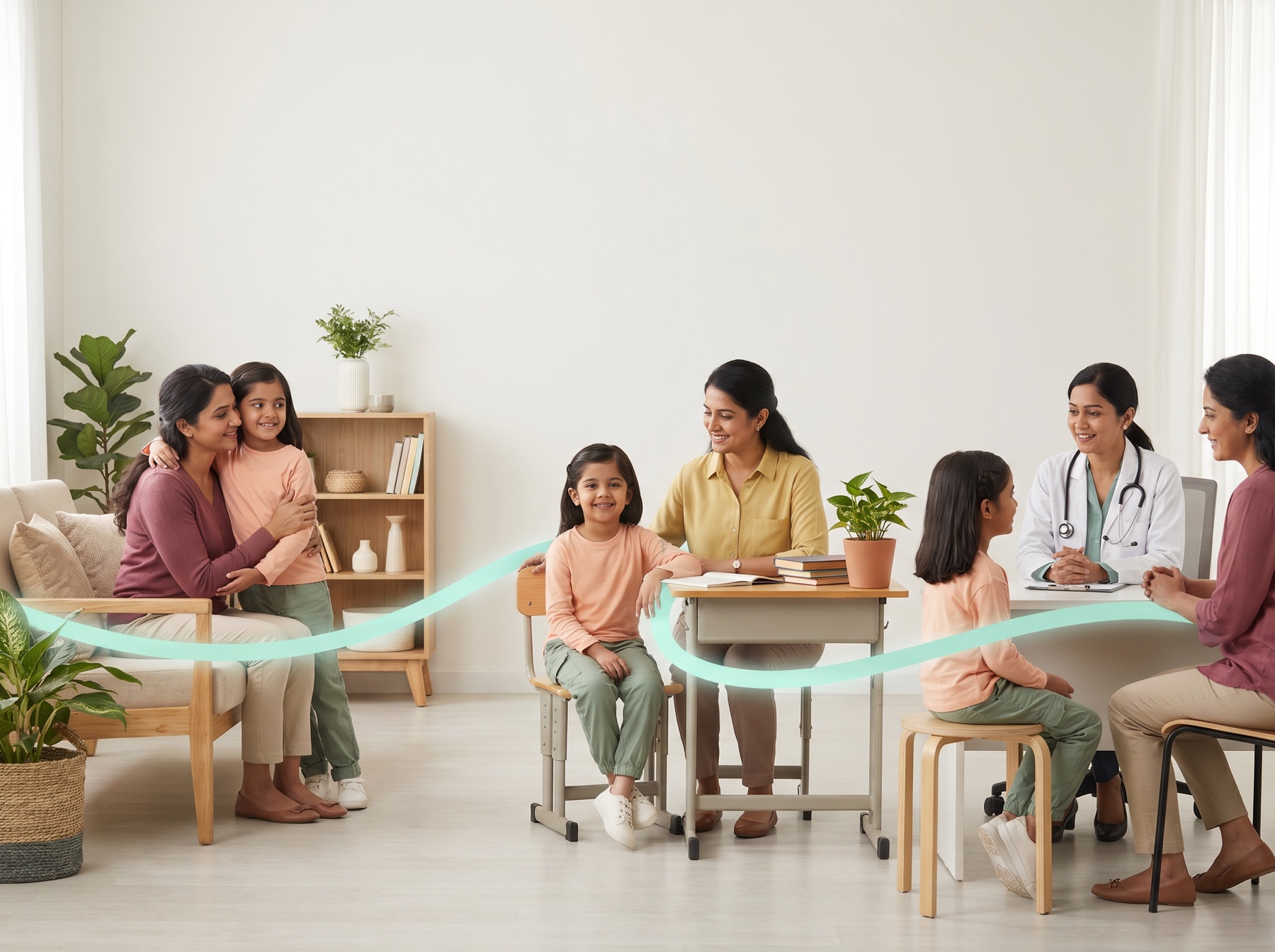 A child supported across home, school, and pediatric clinic through one continuous care pathway